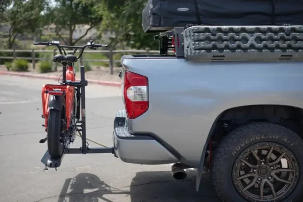 eBike hitch rack showcasing durable aluminum material for weather resistance.