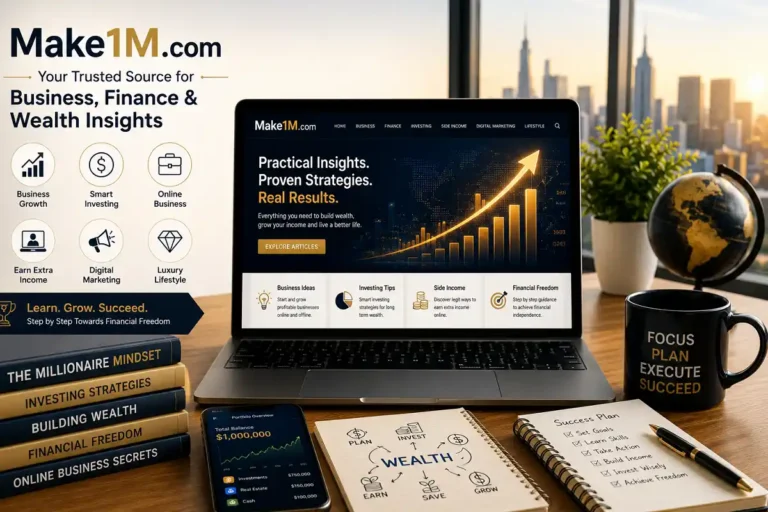 Make1M.com logo displayed on a laptop screen with books and coins on a clean office desk.