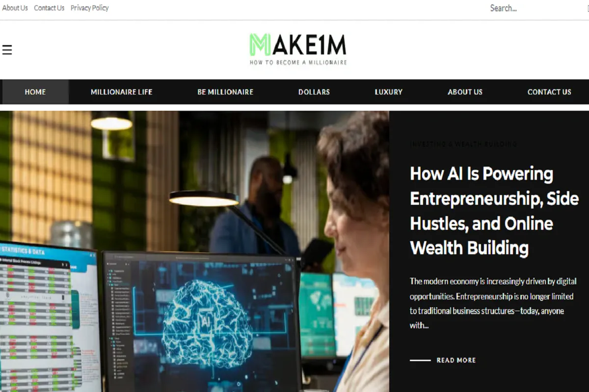 Make1M.comhomepage featuring AI-powered entrepreneurship, online wealth building article, modern workspace, and financial data dashboards.