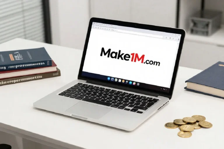 Make1M.com logo displayed on a laptop screen with books and coins on a clean office desk.