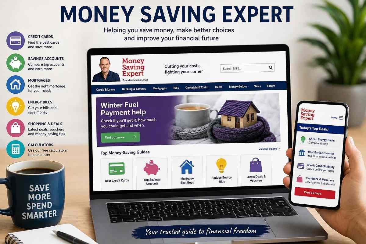 Money Saving Expert website on laptop and mobile with financial guides.