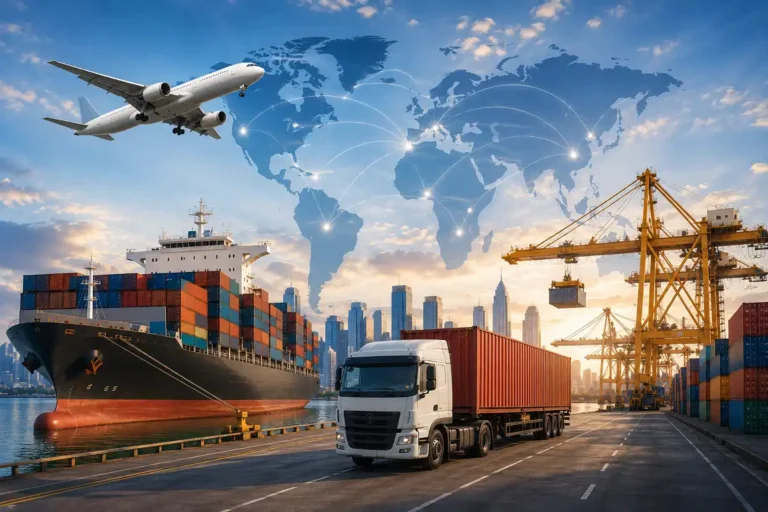 International business global trade port with cargo ship, airplane, truck, containers, and world map.