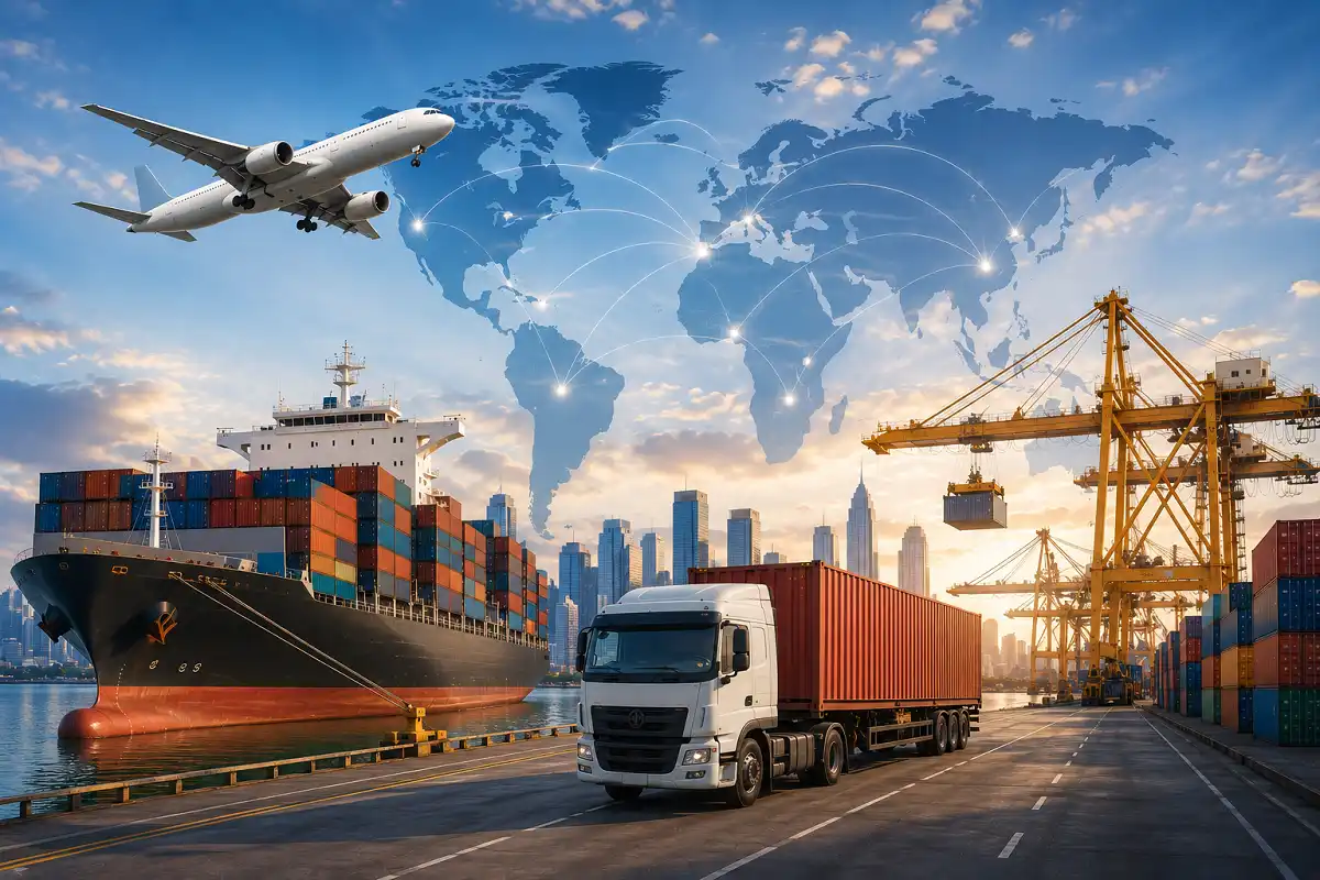 International business global trade port with cargo ship, airplane, truck, containers, and world map.