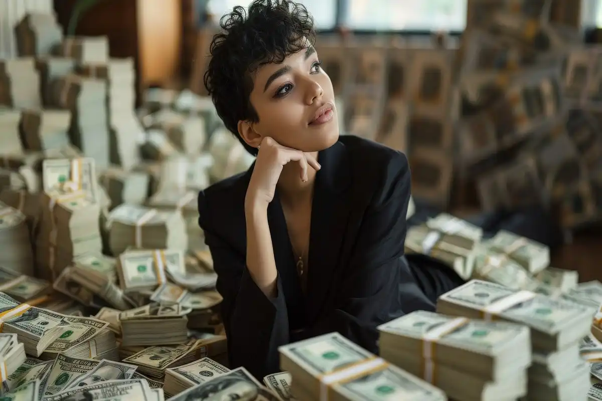 Woman in black blazer surrounded by stacks of cash, representing the Make1M.com Millionaire Life.